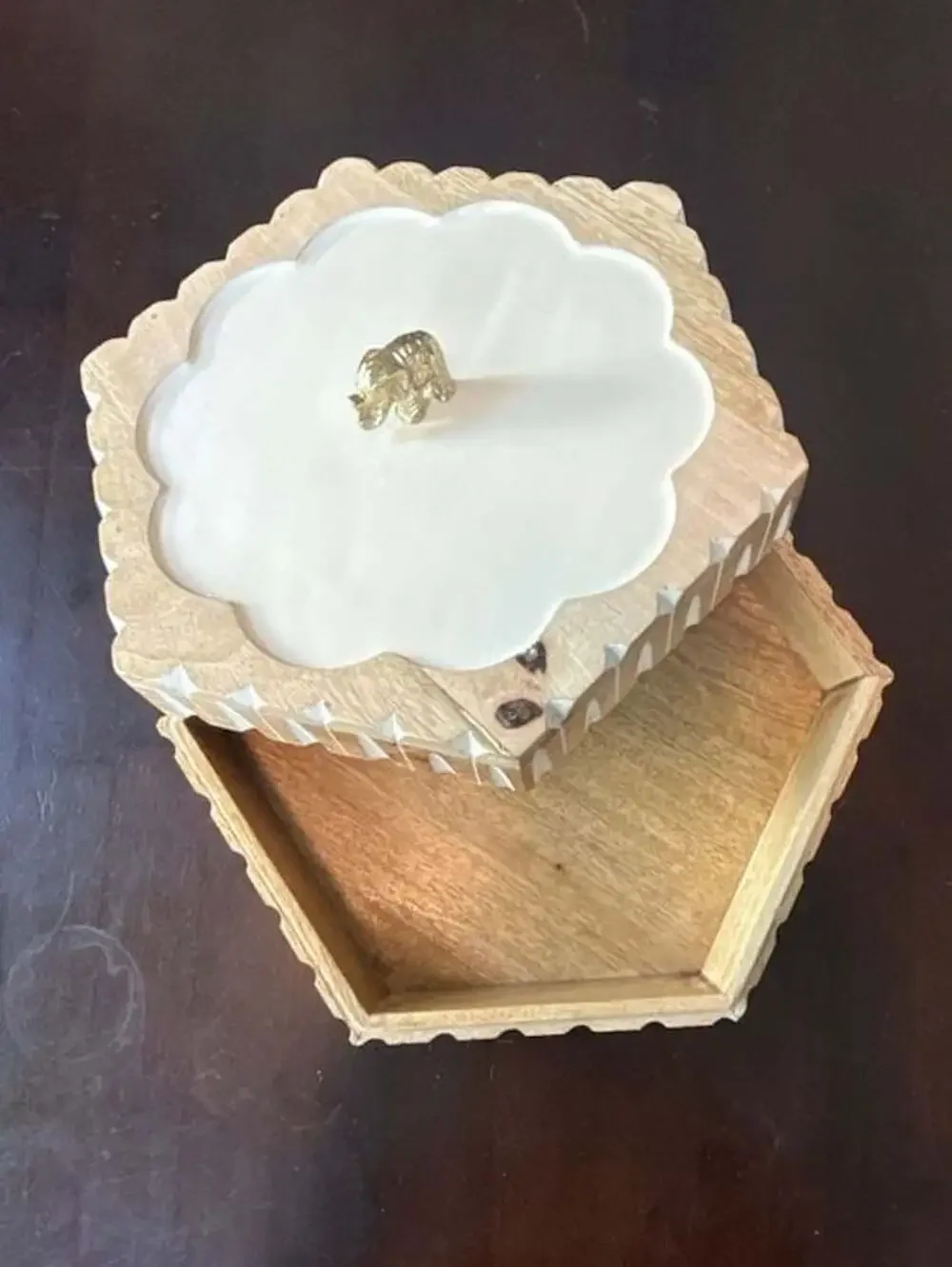 Carved Mango Wood and Enamel Hexagonal Storage Box with Brass Elephant Handle